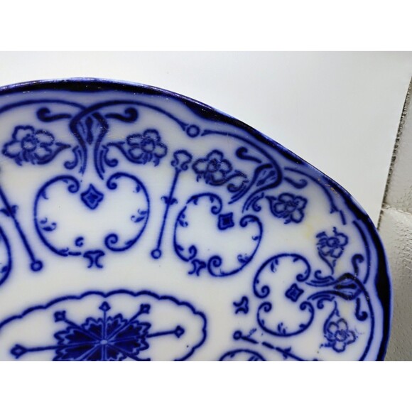 ANTIQUE CONWAY FLOW BLUE OVAL PLATE WITH EXTRAVAGANT PATTERN~10 3/4" LONG X 8" W - Picture 6 of 15